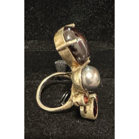 Size 8.5 Silver Ring, Plated In Gold, Garnets And Tahitian Pearl Settings